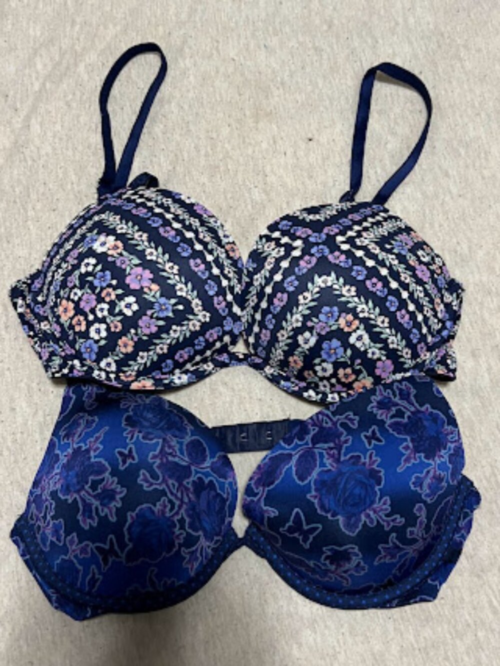 SET OF TWO Victoria's Secret Push-Up Adjustable Bras, Blue Floral - Size 34C